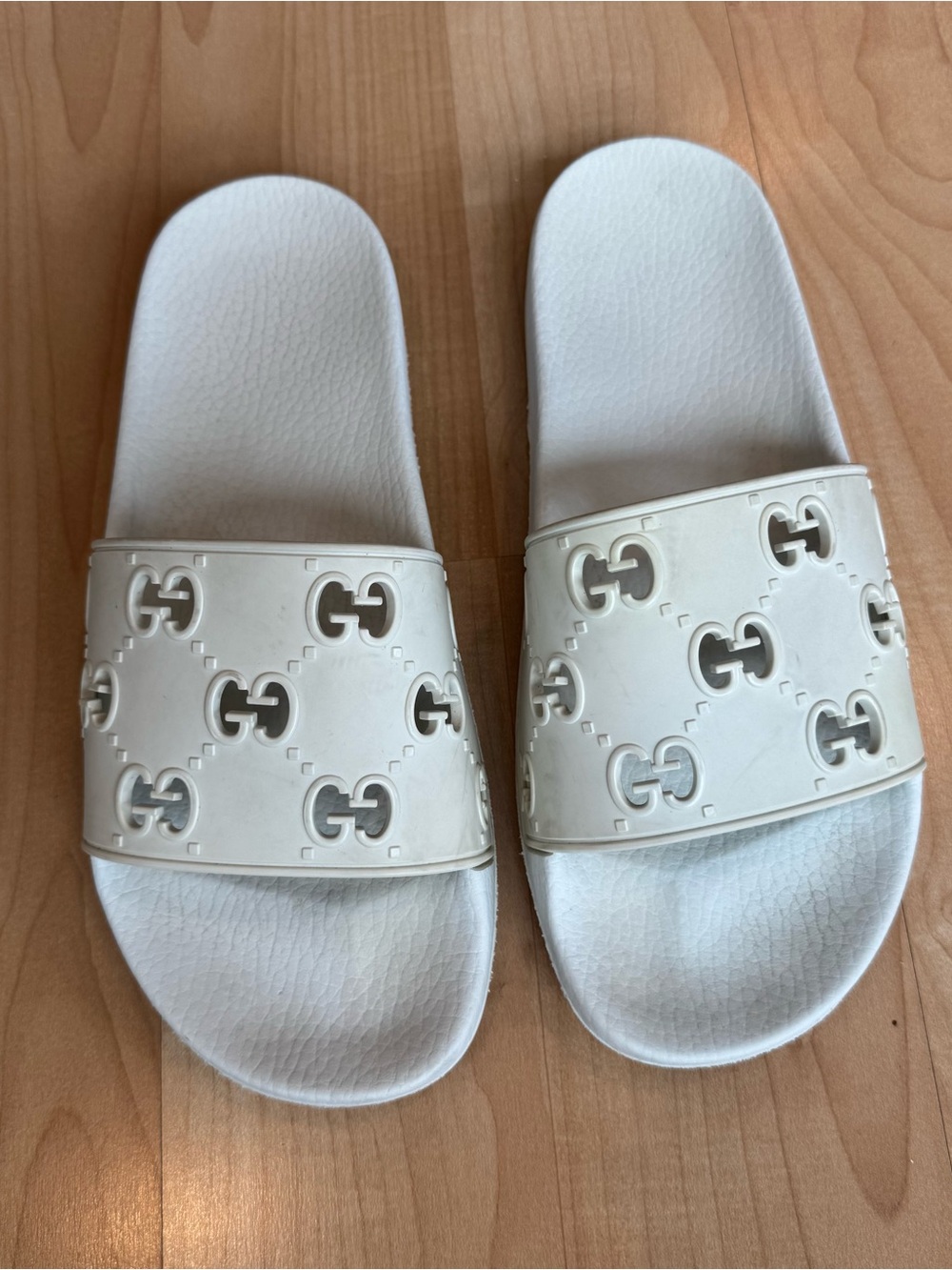 Gucci White Embossed GG Slide Sandals